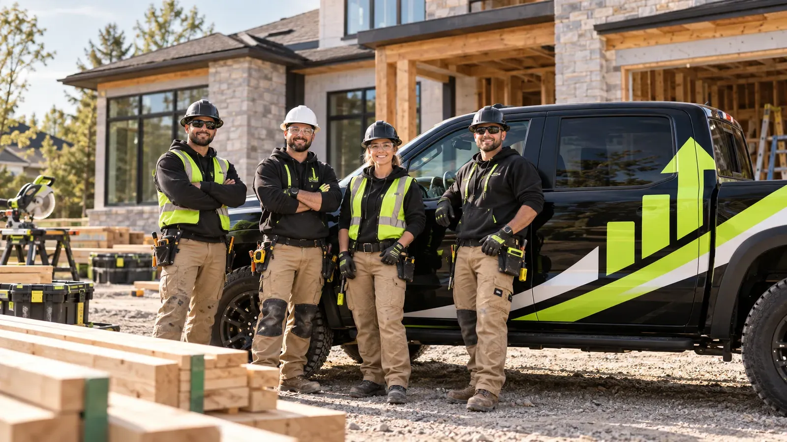 Construction company branding used by a professional field team.