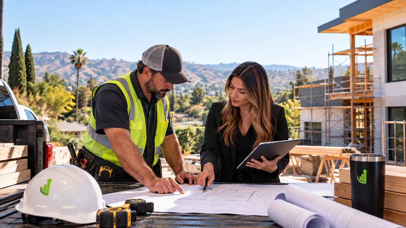 Contractor and marketing strategist reviewing construction plans at an active residential jobsite in Tarzana.