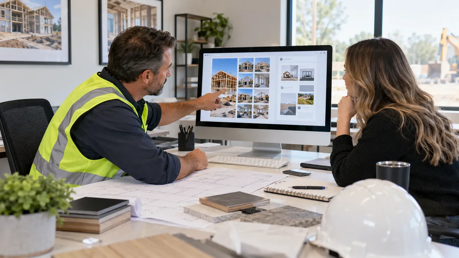 Contractor planning construction social media content with a specialist