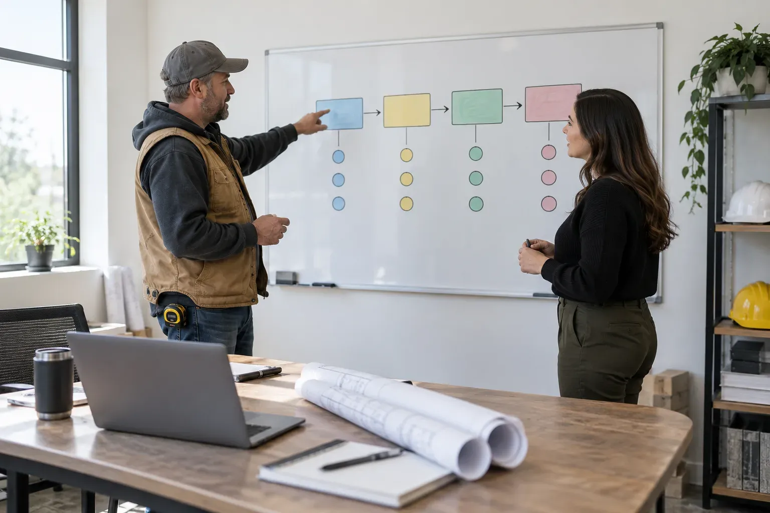 Construction team reviewing new leads and follow up stages