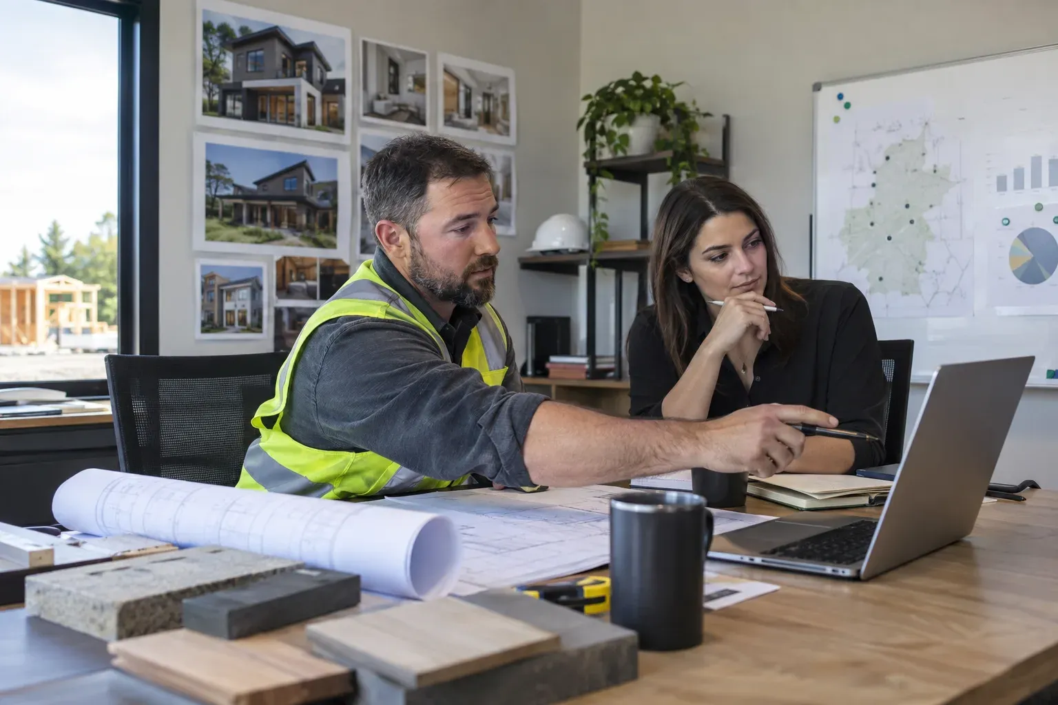 Contractor and strategist reviewing a construction marketing plan