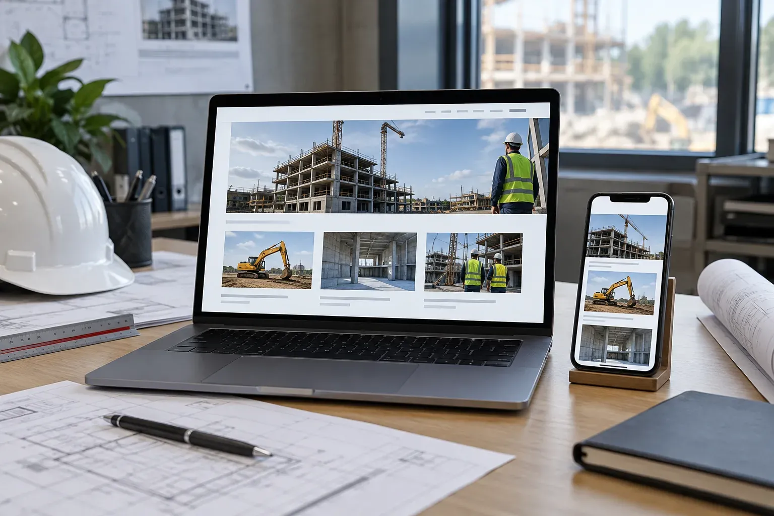 Construction company website displayed on desktop and mobile devices