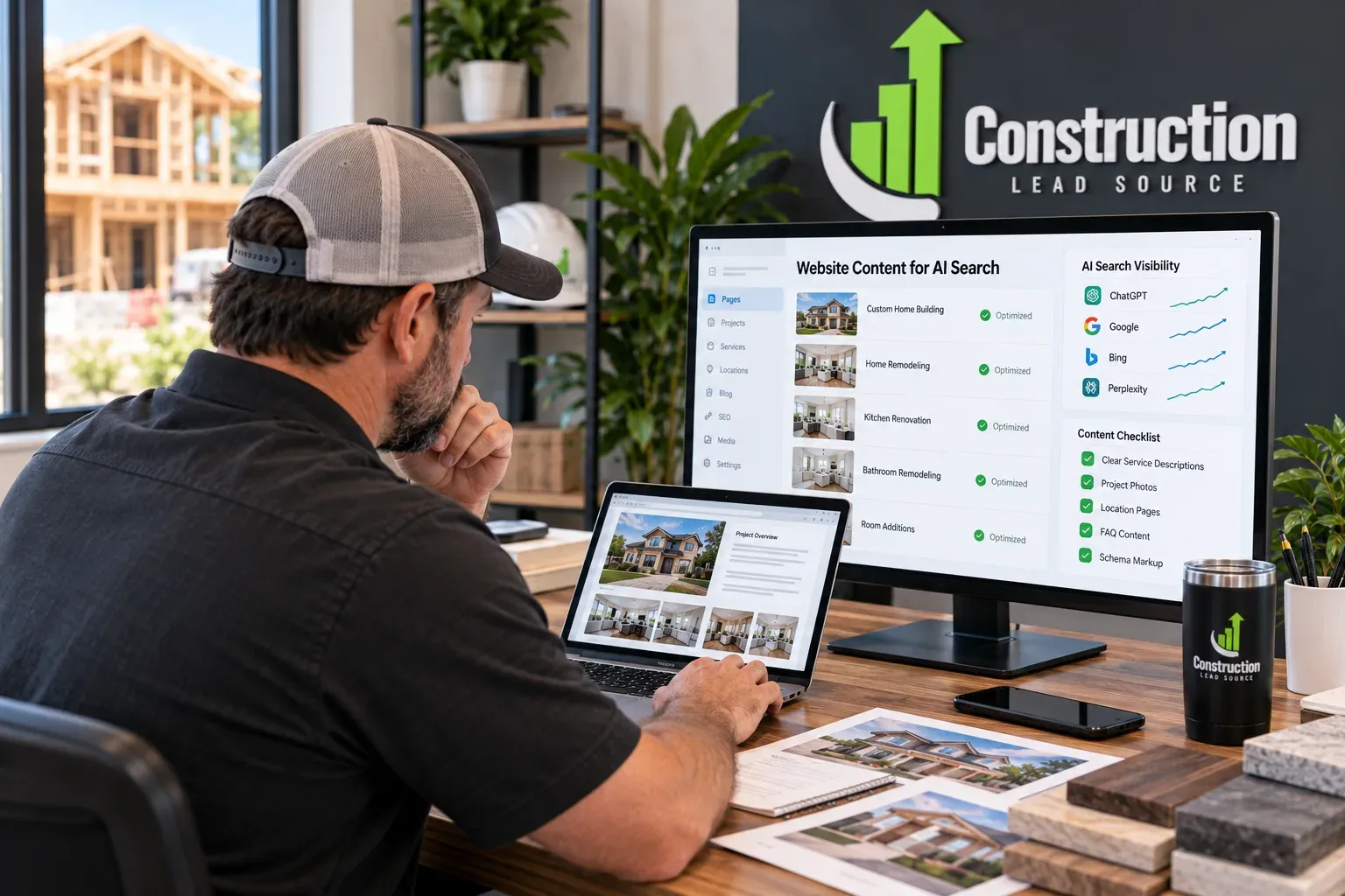 Construction website content being organized for AI search visibility.